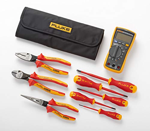 Fluke 117 Electrician's Multimeter + Hand Tools Starter Kit (5 insulated screwdrivers and 3 insulated pliers)