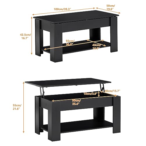 TUKAILAI Couchtisch, Wohnzimmer Tisch Höhenverstellbar, mit Stauraum, Hubplatte, Offenes Fach, für Wohnzimmer, Büro, 40 x 100 x (42.5-55) cm – Bild 4