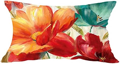 WENIANRU Red Poppy Flower Lumbar Pillow Cover - 12x20 Inch Cotton Linen, Watercolor Print, Zipper Closure