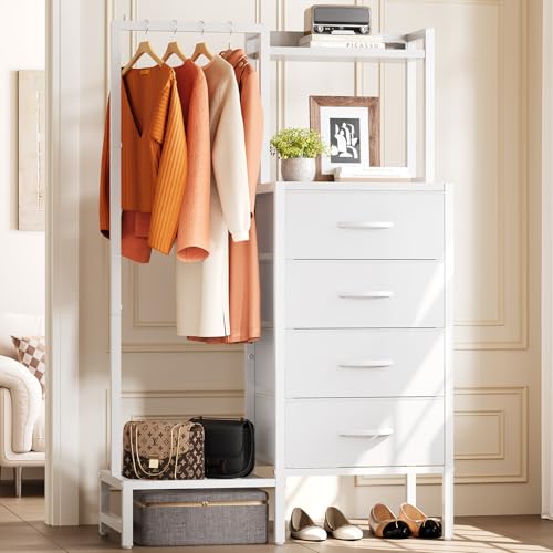 Yoobure White Dresser with Hanging Rack - Small Dresser for Bedroom with 4 Drawers 44H Chest of Drawers Reversible Kids Dressers with Storage Shelf Closet Dressers Dorm Essentials Sturdy Frame