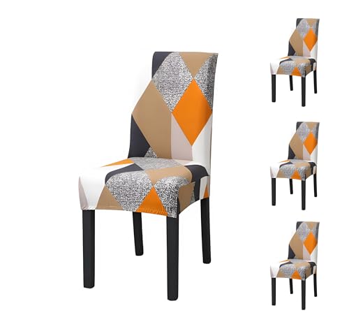 Image of Stretchable Dining Chair Cover - Washable, Removable, Anti-Slip, Protector, Universal Fit (Set of 4, Orange Prism)