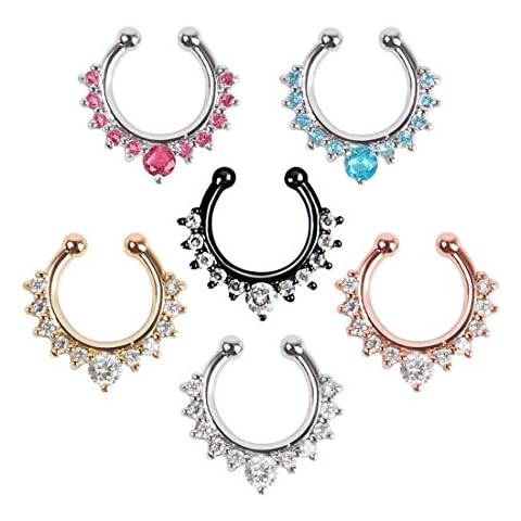 XUKEKOY 6pcs Fake Septum Clicker Nose Ring Rhinestone Non Piercing Hanger Clip Body Jewelry Cover