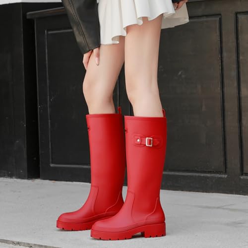 Yenxapei Gummistiefel Damen Lange Stiefel, Original Wasserdicht Hohe Rutschfeste, Sicherheitsstiefel Gummischuhe Bequeme Gartenschuhe Für den Innen- und Außenbereich,Rot,40.5EU