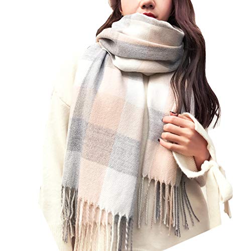Mocasor Plaid Blanket Scarves for Women, Ladies Fashion Winter Warm Tartan Oversized Long Checked Shawls and Wraps (Beige Grey White)