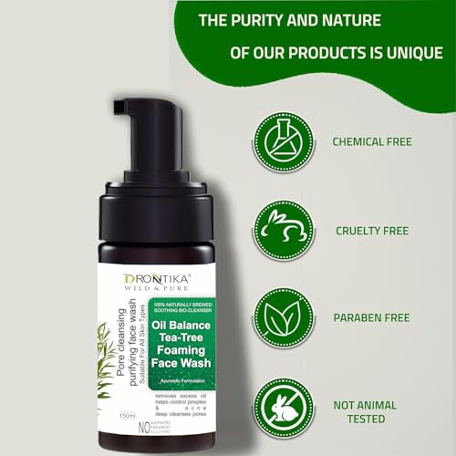 Image of Drontika Wild & Pure Tea Tree Foaming Face Wash with Tea Tree and Ayurvedic Ingredinets for Acne and Pimples - 150ml Gently Cleanses |Removes Excess Oil |Antibacterial(Tea Tree (Oil Balance))