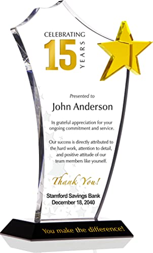 Personalized Crystal Gold Star Employee Long Service Award Plaque, Customized with Employee Name, Years of Service and Company Name, Unique Corporate Service Award Trophy (L - 10")