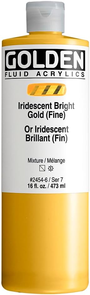 GOLDEN Fluid Acrylics, Iridescent Bright Gold (Fine), 16 fl. oz. Bottle, Professional Acrylic Paint, Semi-Transparent