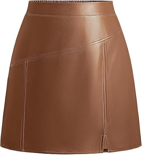 Image of Kate Kasin Women's Faux Leather Skirt A-Line Mini Skirt High Waist Front Slit Short Pencil Skirt Autumn Winter Casual Party Office Brown M