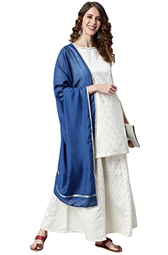 Image of Janasya Women's Off- White and Silver Poly Silk Kurti With Palazzo and Dupatta