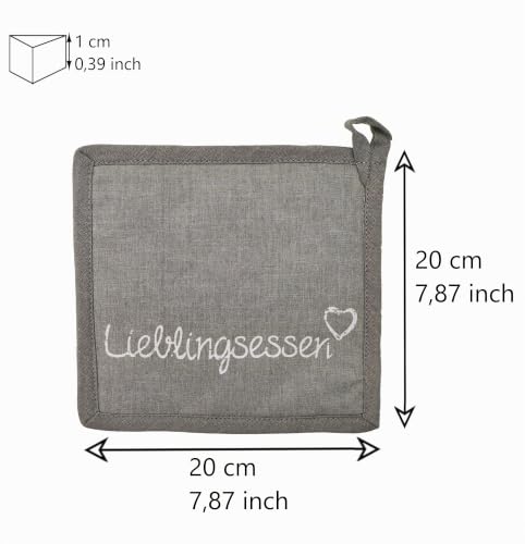 Foto von MC-Trend 2er Set Topflappen Lieblingsessen mit Schriftzug 20 cm in grau aus Baumwolle Topfhandschuhe Ofenhandschuhe zum Kochen und Backen Haushalthelfer für optimalem Schutz (2er Set Topflappen)