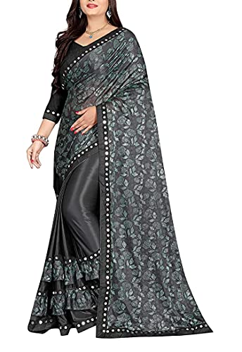 Indian Crafty Vibes Banarasi Silk Lycra Sari Frill Saree pour Femme avec pièce de Chemisier Non Cousue - Vert foncé