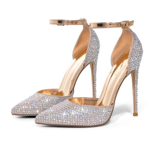 Image of Elisabet Tang 4 Inch Stiletto with Ankle Strap D'Orsay Pumps | Features sparkly rhinestone, pointed toe,secure ankle strap design, perfect for prom, wedding, party