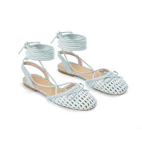 Image of Woven Ballet Flats for Women Lace Up Closed Square Toe Summer Sandals Dressy Shoes