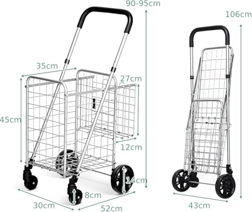 Foldable Height Adjustable Shopping Cart on Wheels, Portable Utility Cart with Back Basket, Foam Handle, Metal Luggage Trolley for Grocery Shopping & Travel