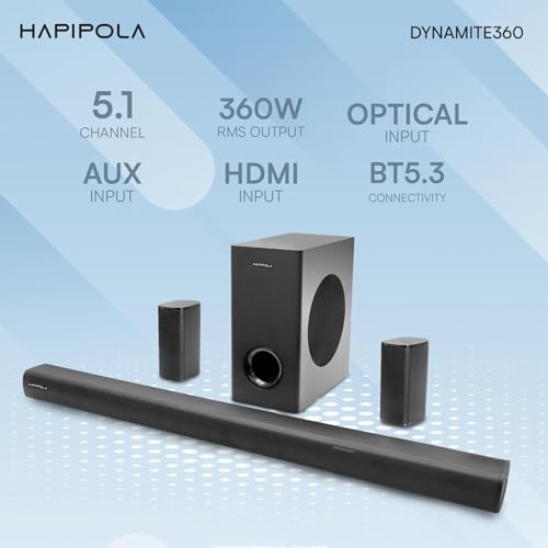 Image of HAPIPOLA Dynamite360 5.1 Channel Home Theatre System, 360W RMS Output, HDMI Input, BT5.3 Connectivity, Optical Input, Aux Input (Dynamite 360)