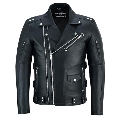Bohmberg Maxx Chaqueta de piel para hombre, color negro, piel auténtica, clásica, color negro, chaqueta de piel para moto, talla XXL, Negro