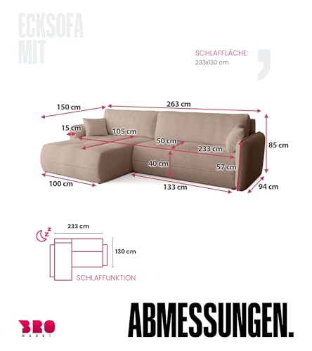 BROMARKT Ecksofa mit Schlaffunktion Couch mit Bettkasten Wohnzimmer Möbel Freistehend Wellenfedern Schlafsofa Sofa Boucle Wohnlandschaft L Form 3 Sitzer 263x150x85 cm Milchkafee – Bild 3
