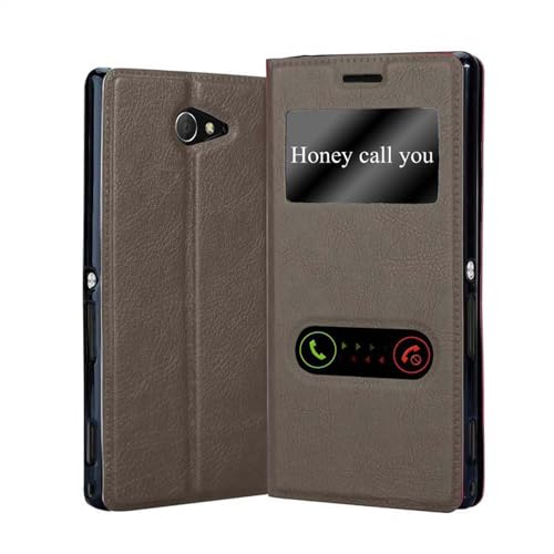 Cadorabo Hülle kompatibel mit Sony Xperia M2 / M2 Aqua in Stein BRAUN - Schutzhülle mit Magnetverschluss, Standfunktion & 2 Sichtfenstern