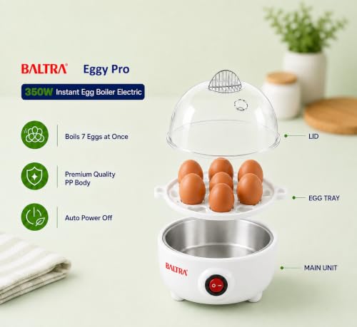 Image of BALTRA Eggy Pro 350W Egg Boiler Electric | Boil Up to 7 Eggs | Stainless Steel Heating Plate | Automatic Shut-Off | Compact & Easy to Use Electronic Egg Cooker