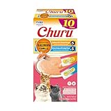 INABA Salmon Churu Cat Treats, Lickable, Squeezable Creamy Purée Cat Treat with Green Tea Extract & Taurine, 0.5 Ounces Each Tube, 10 Tubes, Scallop & Chicken Variety