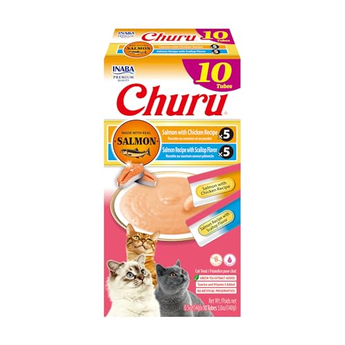 INABA Salmon Churu Cat Treats, Lickable, Squeezable Creamy Purée Cat Treat with Green Tea Extract & Taurine, 0.5 Ounces Each Tube, 10 Tubes, Scallop & Chicken Variety