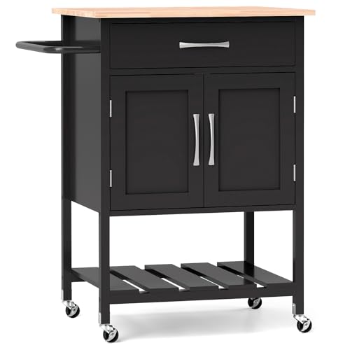 Giantex Kitchen Island Cart with Rubberwood Top, Rolling Serving Utility Cart with Drawer, Storage Cabinet, Open Shelf & Towel Rack, Coffee Bar Cart on Wheels for Living Dining Room (Black)