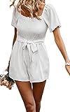 CCTOO Womens Rompers Smocked High Waist Ruffle Sleeves Short Outfits Jumpsuits with Belt 143WhiteMedium