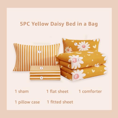 Image of Twin XL Comforter Set for Girls Mustard Yellow Daisy 5 Pieces Bed in a Bag