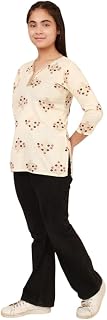 Galad Girls Cream Printed Kurti Top with 3/4 Sleeves | Ethnic Foil Design | Comfortable Cotton Blend Casual Price In India