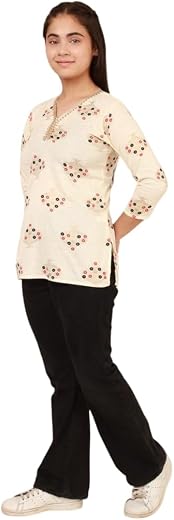 Galad Girls Cream Printed Kurti Top with 3/4 Sleeves | Ethnic Foil Design | Comfortable Cotton Blend Casual