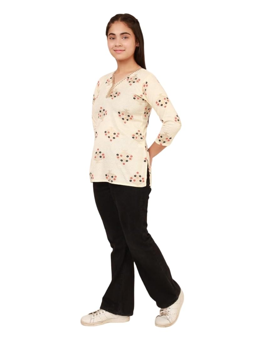 Galad Girls Cream Printed Kurti Top with 3/4 Sleeves | Ethnic Foil Design | Comfortable Cotton Blend Casual - Review, Price and Buying Guide