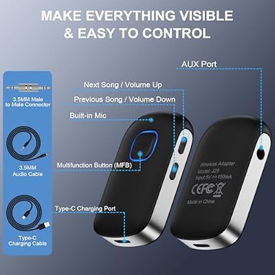 Bluetooth Receiver for Car for iPhone 16e 16 Pro Max/16 Plus Pro 15, 3.5mm AUX Bluetooth Car Adapter Portable, Wireless Audio Receiver for Home Stereo/Wired Headphones,Hands-Free Call,16H Battery Life
