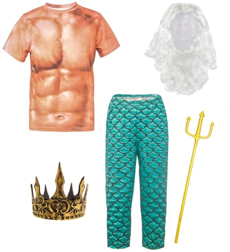 Adults Poseidon Costumes for Men Neptune God King of The Sea 5 Pcs Set Halloween Party Cosplay M Green
