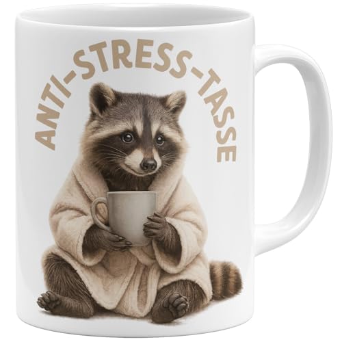 OM3® Waschbär Anti-Stress Kaffee-Tasse mit Spruch - Lustige Raccoon Keramiktasse mit Bademantel - Keramik Becher - 325ml - Beidseitig Bedruckt - Weiss