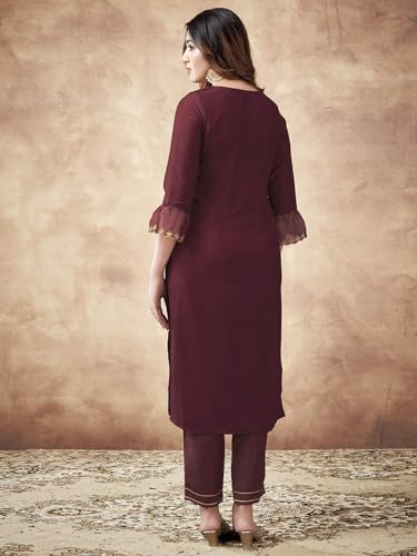 Image of Sanisa Women's Chinnon Embroidery Straight Kurta with Pant and Embroidery Dupatta (38KBD477NZ-S Maroon)