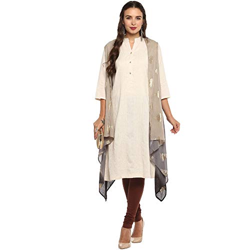 Image of BIBA Womens Mandarin Collar Solid Kurta With Shrug