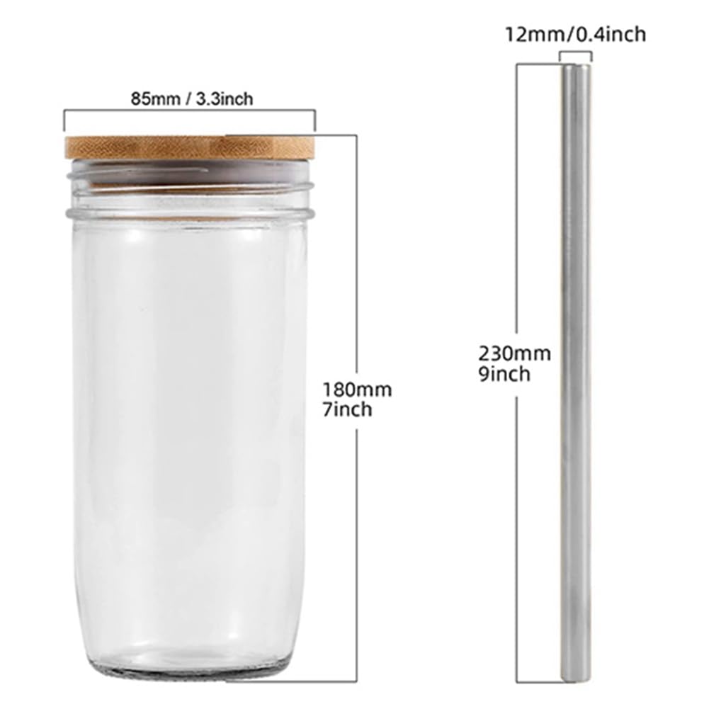 Szklana butelka, 680 ml, szklany kubek z bambusową pokrywką i słomką, szeroki otwór, słoik na smoothie, sok, herbatę, mrożoną kawę