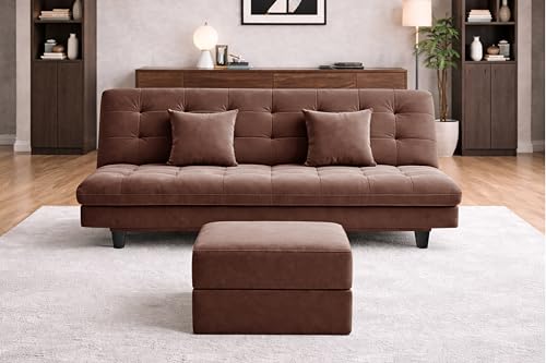 Image of Rosebell Modern Three-Seater Sofa Cum Bed - Foldable Velevt Fabric Sofa, Foam Seating, Stylish Design for Living Room, Guest Room & Office-Brown