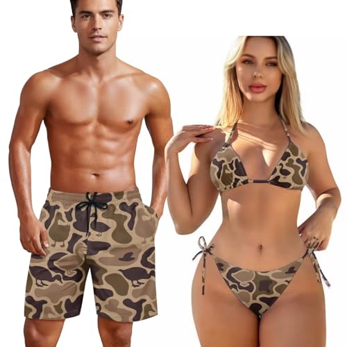KEIAHUAN Couple Swimwear Matching Sets Duck Camo Hunting Cheeky Bikini Sets for Women Adjustable Triangle Side Tie Bathing Suits & Men's Swim Trunks Lightweight Surfing Board Shorts