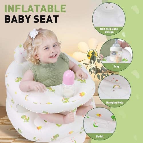 Image of Inflatable Baby Seat for 3-36 Months Babies, Blow up Baby Chair with Built-in Air Pump, PVC Material, Full Enclosure Protection, Outdoor Travel Inflatable Chair for Infant, Green Dinosaur