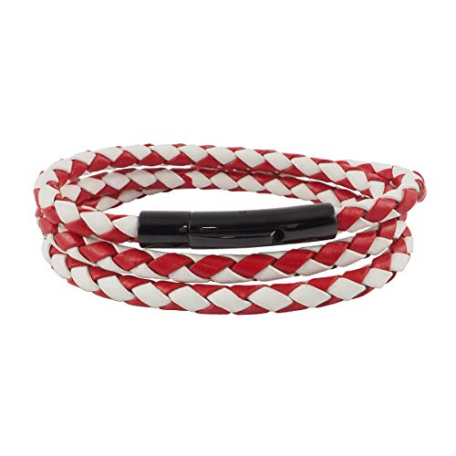 König Design Lederkette Lederband Leder-Armband 4 mm Herren Halskette Rot Weiß 90 cm lang mit Hebeldruck-Verschluss Schwarz geflochten