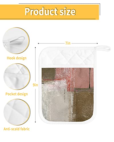 Pink Brown Gray Pot Holders With Pocket For Kitchen, Heat Insulation Hot Pads Pot Holder Set Of 2, Modern Geometric Oil Painting Abstract Art Oven Mitts Potholders For Kitchens Cooking Baking #TOP2