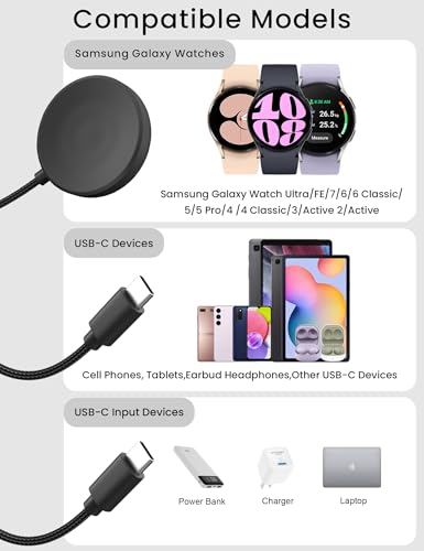 Bicmice Carregador USB C adequado para Samsung Galaxy Watch Ultra/FE/7/6/6 Classic/5/5 Pro/4/4 Class