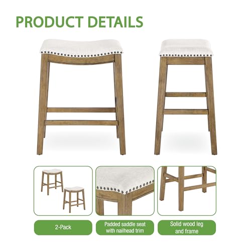 OSP Home Furnishings Metro Farmhouse Saddle Stool with Nailhead Trim, 2-Pack, 24-inch Counter Height, Medium Oak Frame with Linen Fabric by OSP Home Furnishings - Image 5