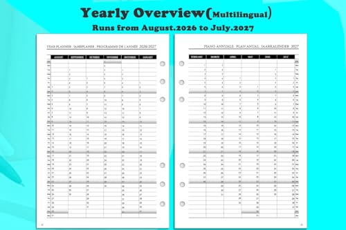 2026 2027 Wochenplaner Einlage A5 6 Löcher - Vertikal Layout (7-20 Uhr), 1 Woche 2 Seiten mit Tabs, Notizen, Kontakt, Aug.2026-Jul.2027, 100gsm Nachfüllpapier für Kalender 26/27 Planer(mehrsprachig)