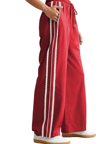 Yeokou Womens Wide Leg Sweatpants Side Stripe Crochet Slip on Drawstring Casual Running Track Palazzo Pants with Pockets (Red-S)