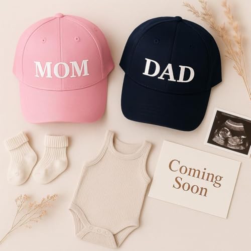 Image of ncgifts mom dad Cap Set for Photoshoot | Adjustable Size | Gifts for new Parents | Pregnancy Announcement | Maternity Reveal | Mom Dad to Be | Photoshoot Props for Parents Pink