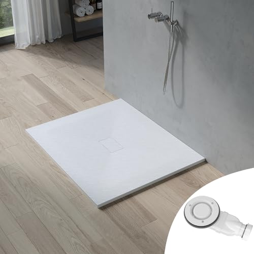 AQUABATOS SMC Duschwanne 120x100 cm Weiß Eckig Quadratisch Duschtasse Duschbecken Brausewanne Brausetasse Rutschfest Bodengleich Ebenerdig Steinoptik Schieferoptik mit Siphon/Ablaufgarnitur