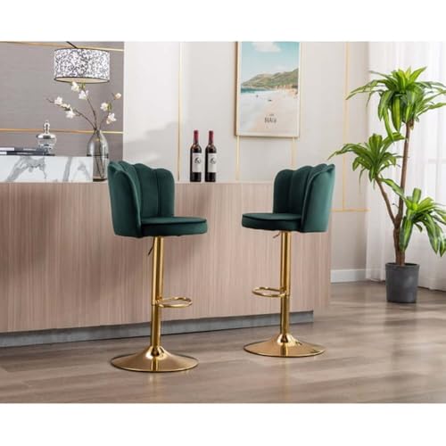 Image of Dream Furnishing - Set of 2 Bar /Kitchen Chairs 360 Degree Rotatable Swivel Elegant Classy & Comfortable Chair with Golden Base and Velvet Fabric (2 Chairs) (Green Flower)