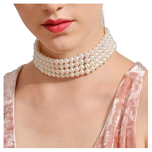 Collana girocollo con fili di perle Collana larga di perle finte multistrato Perle di perle bianche Catena di gioielli placcata in argento per donne e ragazze
